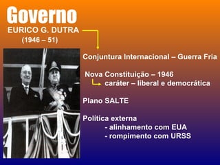 GovernoEURICO G. DUTRA
(1946 – 51)
Conjuntura Internacional – Guerra Fria
Nova Constituição – 1946
caráter – liberal e democrática
Plano SALTE
Política externa
- alinhamento com EUA
- rompimento com URSS
 
