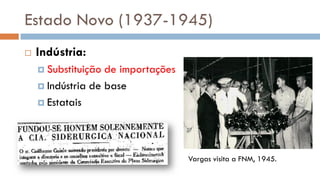 Estado Novo (1937-1945)
 Indústria:
 Substituição de importações
 Indústria de base
 Estatais
Vargas visita a FNM, 1945.
 