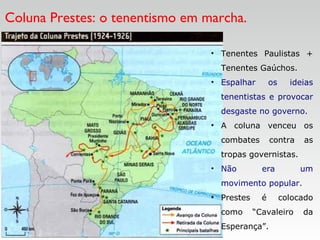 Coluna Prestes: o tenentismo em marcha.
• Tenentes Paulistas +
Tenentes Gaúchos.
• Espalhar os ideias
tenentistas e provocar
desgaste no governo.
• A coluna venceu os
combates contra as
tropas governistas.
• Não era um
movimento popular.
• Prestes é colocado
como “Cavaleiro da
Esperança”.
 