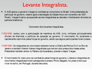 Levante Integralista.
• A AIB apoiou o governo Vargasno combateao comunismo no Brasil, tinhapretensõesde
participar do governo, mesmo apósadecretação do Estado Novo em novembro de1937.
Porém, Vargasfrustrou asexpectativasdosintegralistasao decretar o fechamento detodosos
partidosbrasileiros.
Ocorreram doislevantesintegralistas.
11/03/1938: contou com a participação de membros da AIB, civis, militares (principalmente
oficiais da Marinha) e políticos de oposição ao governo. O movimento foi duramente e
rapidamentereprimido pelasforçasdo governo, sendo quealgunsparticipantesforam presos.
11/05/1938: Osintegrantesdo movimento tentaram tomar aChefiadaPolíciaCivil no Rio de
Janeiro etambém libertar líderesintegralistasquehaviam sido presosdoismesesantes.
Pretendiam também entrar no Palácio daGuanabara, prender edepor Vargas.
• O movimento foi maisumavez combatido pelasforçasdo governo. Lídereseintegrantesdo
movimento integralistasforam perseguidosepresos. Plínio Salgado, foi preso eteveque
viver no exílio, em Portugal, duranteseisanos.
 