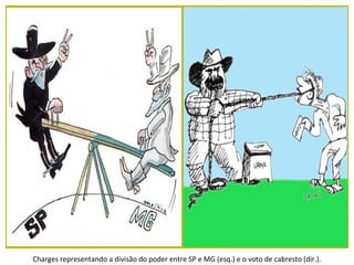 Charges representando a divisão do poder entre SP e MG (esq.) e o voto de cabresto (dir.).
 