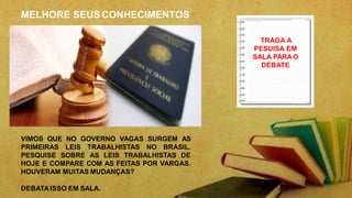 MELHORE SEUS CONHECIMENTOS
VIMOS QUE NO GOVERNO VAGAS SURGEM AS
PRIMEIRAS LEIS TRABALHISTAS NO BRASIL.
PESQUISE SOBRE AS LEIS TRABALHISTAS DE
HOJE E COMPARE COM AS FEITAS POR VARGAS.
HOUVERAM MUITAS MUDANÇAS?
DEBATAISSO EM SALA.
TRAGA A
PESUISA EM
SALA PARA O
DEBATE
 