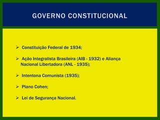 GOVERNO CONSTITUCIONAL
 Constituição Federal de 1934;
 Ação Integralista Brasileira (AIB - 1932) e Aliança
Nacional Libertadora (ANL - 1935);
 Intentona Comunista (1935);
 Plano Cohen;
 Lei de Segurança Nacional.
 