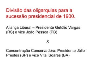 Divisão das oligarquias para a
sucessão presidencial de 1930.
Aliança Liberal – Presidente Getúlio Vargas
(RS) e vice João Pessoa (PB)
X
Concentração Conservadora: Presidente Júlio
Prestes (SP) e vice Vital Soares (BA)
 