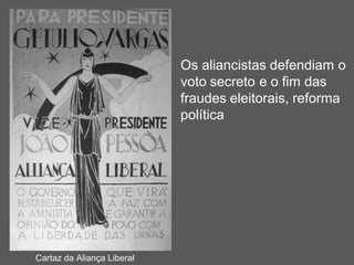 Os aliancistas defendiam o
voto secreto e o fim das
fraudes eleitorais, reforma
política
Cartaz da Aliança Liberal
 