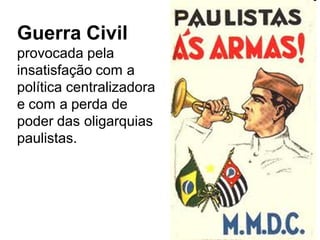 Guerra Civil
provocada pela
insatisfação com a
política centralizadora
e com a perda de
poder das oligarquias
paulistas.
 
