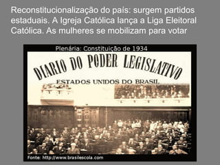 Reconstitucionalização do país: surgem partidos
estaduais. A Igreja Católica lança a Liga Eleitoral
Católica. As mulheres se mobilizam para votar
 
