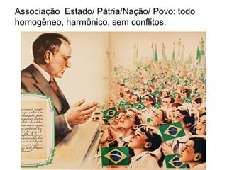 Associação Estado/ Pátria/Nação/ Povo: todo
homogêneo, harmônico, sem conflitos.
 