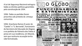 A Lei de Segurança Nacional extinguiu
todos os direitos políticos garantidos
pela constituição de 1934.
1936- Todos os partidos foram
proscritos sob pretexto da ameaça
comunista.
1936- Graciliano Ramos O autor de
“Caetés” e “S. Bernardo”, funcionário
da Secretaria de Educação de Alagoas
e ex-prefeito de Palmeira dos Índios é
preso em sua residência, em Maceió,
sem que nenhuma acusação tenha
sido formalizada.
 