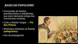 BASES DO POPULISMO
 Concessão de direitos
previdenciários e trabalhistas,
que eram demanda antiga dos
movimentos sindicais.
 Culto a Getúlio Vargas → Pai
dos Pobres.
 Sindicatos atrelados ao Estado
(peleguismo).
 Uso da propaganda.
19
 