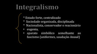 Integralismo
* Estado forte, centralizado
* Sociedade organizada, disciplinada
* Nacionalista, conservador e reacionário
• eugenia,
• aparato simbólico semelhante ao
fascismo (uniformes, saudação Anauê)
 