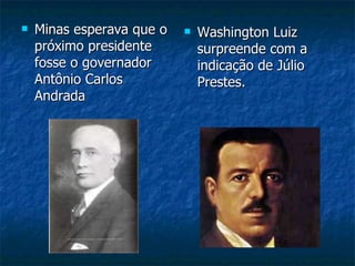  Minas esperava que o
Minas esperava que o
próximo presidente
próximo presidente
fosse o governador
fosse o governador
Antônio Carlos
Antônio Carlos
Andrada
Andrada
 Washington Luiz
Washington Luiz
surpreende com a
surpreende com a
indicação de Júlio
indicação de Júlio
Prestes.
Prestes.
 