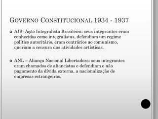 GOVERNO CONSTITUCIONAL 1934 - 1937
   AIB- Ação Integralista Brasileira: seus integrantes eram
    conhecidos como integralistas, defendiam um regime
    político autoritário, eram contrários ao comunismo,
    queriam a censura das atividades artísticas.

   ANL – Aliança Nacional Libertadora: seus integrantes
    eram chamados de aliancistas e defendiam o não
    pagamento da dívida externa, a nacionalização de
    empresas estrangeiras.
 