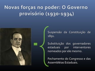 Suspensão da Constituição de
1891.
Substituição dos governadores
estaduais por interventores
nomeados por ele mesmo.
Fechamento do Congresso e das
Assembléias Estaduais.

 