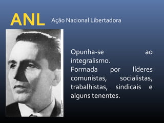 Ação Nacional Libertadora

Opunha-se
ao
integralismo.
Formada
por
líderes
comunistas,
socialistas,
trabalhistas, sindicais e
alguns tenentes.

 