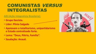 COMUNISTAS VERSUS
INTEGRALISTAS
AIB (Ação Integralista Brasileira):
• Grupo fascista.
• Líder: Plínio Salgado
• Apoiavam o totalitarismo, unipartidarismo
e Estado centralizado forte.
• Lema: “Deus, Pátria, Família”.
• Saudação: Anauê.
 