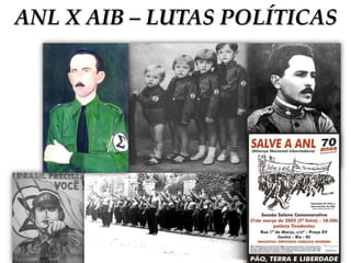 10
REPRESSÃO AO COMUNISMO
• Em 1936 foi criada a Comissão Nacional
de Repressão ao Comunismo,
encarregada de investigar a participação
de funcionários públicos e outros em atos
e crimes contra as instituições políticas e
sociais. O atestado de ideologia passou a
ser exigido para todos os que exercessem
cargos públicos e sindicais.
• O Estado de Guerra, decretado em 1936,
vigorou até meados de 1937 e permitia
até a prisão de parlamentares.
 