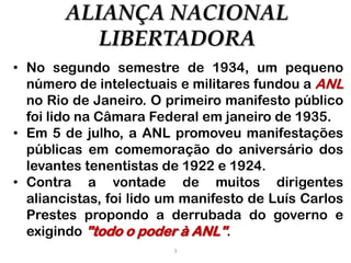 3
AÇÃO INTEGRALISTA
BRASILEIRA
• Plínio Salgado era escritor
e jornalista famoso ligado
à corrente modernista dos
verde-amarelos. Em 1930,
viajou à Itália e encontrou
Mussolini, impressionando-
se com suas políticas.
• De volta ao Brasil, fundou
o jornal A Razão, e em
seus editoriais formulou as
bases políticas da AIB.
 