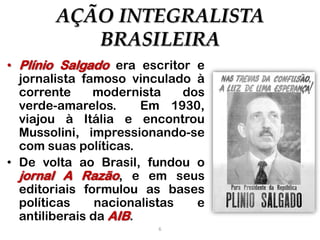 6
ALIANÇA NACIONAL
LIBERTADORA
• No segundo semestre de 1934, um
pequeno grupo de intelectuais e militares
fundou a ANL no Rio de Janeiro →
preocupação com o avanço das idéias
nazifascistas no Brasil.
• Em 5 de julho, a ANL promoveu
manifestações públicas em comemoração
aos levantes tenentistas de 1922 e 1924.
• Contra a vontade de muitos dirigentes
aliancistas, foi lido um manifesto de Luís
Carlos Prestes propondo a derrubada do
governo e exigindo "todo o poder à ANL".
 