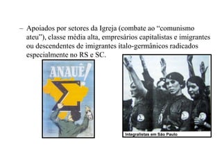 Apoiados por setores da Igreja (combate ao “comunismo ateu”), classe média alta, empresários capitalistas e imigrantes ou descendentes de imigrantes ítalo-germânicos radicados especialmente no RS e SC. 