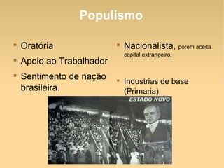 Populismo

Oratória

Apoio ao Trabalhador

Sentimento de nação
brasileira.

Nacionalista, porem aceita
capital extrangeiro.

Industrias de base
(Primaria)
 