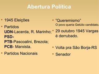 Abertura Política

1945 Eleições

Partidos
UDN-Lacerda, R. Marinho;
PSD-
PTB-Pascoalini, Brezola;
PCB- Marxista.

Partidos Nacionais

”Queremismo”
O povo queria Getúlio candidato.

29 outubro 1945 Vargas
é derrubado.

Volta pra São Borja-RS

Senador
 