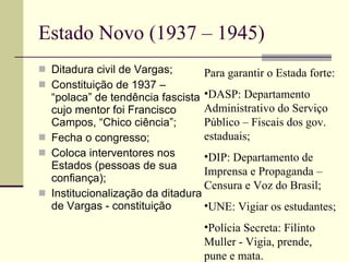 Estado Novo (1937 – 1945) Ditadura civil de Vargas; Constituição de 1937 – “polaca” de tendência fascista cujo mentor foi Francisco Campos, “Chico ciência”; Fecha o congresso; Coloca interventores nos Estados (pessoas de sua confiança); Institucionalização da ditadura de Vargas - constituição  Para garantir o Estada forte: DASP: Departamento Administrativo do Serviço Público – Fiscais dos gov. estaduais; DIP: Departamento de Imprensa e Propaganda – Censura e Voz do Brasil; UNE: Vigiar os estudantes; Polícia Secreta: Filinto Muller - Vigia, prende, pune e mata. 