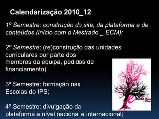 Calendarização 2010_121º Semestre: construção do site, da plataforma e de conteúdos (início com o Mestrado _ ECM); 2º Semestre: (re)construção das unidades curriculares por parte dos membros da equipa, pedidos de financiamento)3º Semestre: formação nas Escolas do IPS;4º Semestre: divulgação da plataforma a nível nacional e internacional;
