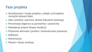 Faze projekta
 Osmišljavanje i izrada projekta u skladu sa Evropskim
razvojnim planom škole
 Izbor učesnika i partnera (School Education Gateway)
 Preciziranje dogovora sa partnerima i učesnicima
 Podnošenje prijave Tempus fondaciji
 Pripremne aktivnosti (jezička i interkulturalna priprema)
 Mobilnost
 Diseminacija
 Pisanje i slanje izveštaja
 