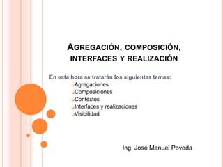 AGREGACIÓN, COMPOSICIÓN,
INTERFACES Y REALIZACIÓN
En esta hora se tratarán los siguientes temas:
Agregaciones
Composiciones
Contextos
Interfaces y realizaciones
Visibilidad
Ing. José Manuel Poveda
 