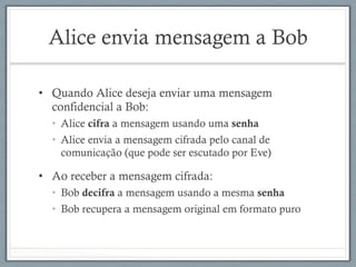 Alice envia mensagem a Bob
•  Quando Alice deseja enviar uma mensagem
confidencial a Bob:
•  Alice cifra a mensagem usando uma senha
•  Alice envia a mensagem cifrada pelo canal de
comunicação (que pode ser escutado por Eve)
•  Ao receber a mensagem cifrada:
•  Bob decifra a mensagem usando a mesma senha
•  Bob recupera a mensagem original em formato puro
 