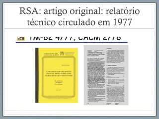 RSA: artigo original: relatório
técnico circulado em 1977
 