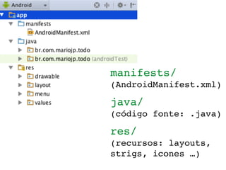 manifests/  
(AndroidManifest.xml)
java/  
(código fonte: .java)
res/  
(recursos: layouts,
strigs, icones …)
 
