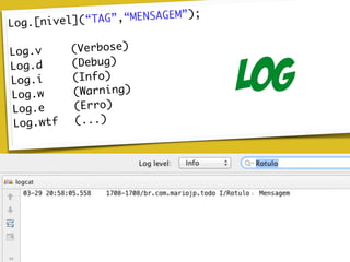 Log.[nivel](“TAG”,“MENSAGEM”);
Log.v (Verbose)
Log.d (Debug)
Log.i (Info)
Log.w (Warning)
Log.e (Erro)
Log.wtf (...)
Log
 
