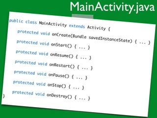 public class MainActivity extends Activity {
protected void onCreate(Bundle savedInstanceState) { ... }protected void onStart() { ... }
protected void onResume() { ... }
protected void onRestart() { ... }
protected void onPause() { ... }
protected void onStop() { ... }
protected void onDestroy() { ... }
}
MainActivity.java
 