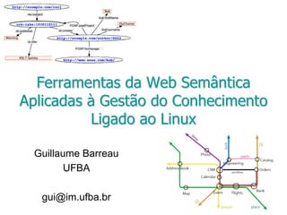 Ferramentas da Web Semântica
Aplicadas à Gestão do Conhecimento
Ligado ao Linux
Ferramentas da Web SemânticaFerramentas da Web Semântica
Aplicadas à Gestão do ConhecimentoAplicadas à Gestão do Conhecimento
Ligado aoLigado ao LinuxLinux
Guillaume Barreau
UFBA
gui@im.ufba.br
 