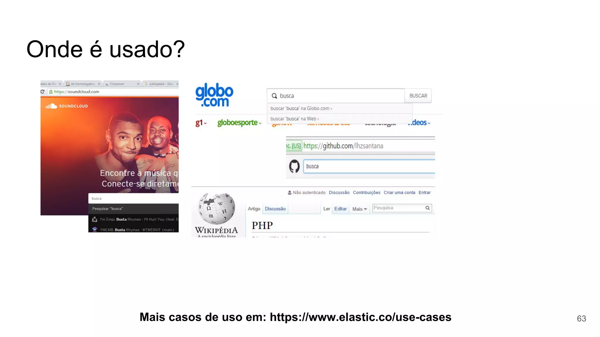 Onde é usado?
Mais casos de uso em: https://www.elastic.co/use-cases 63
 