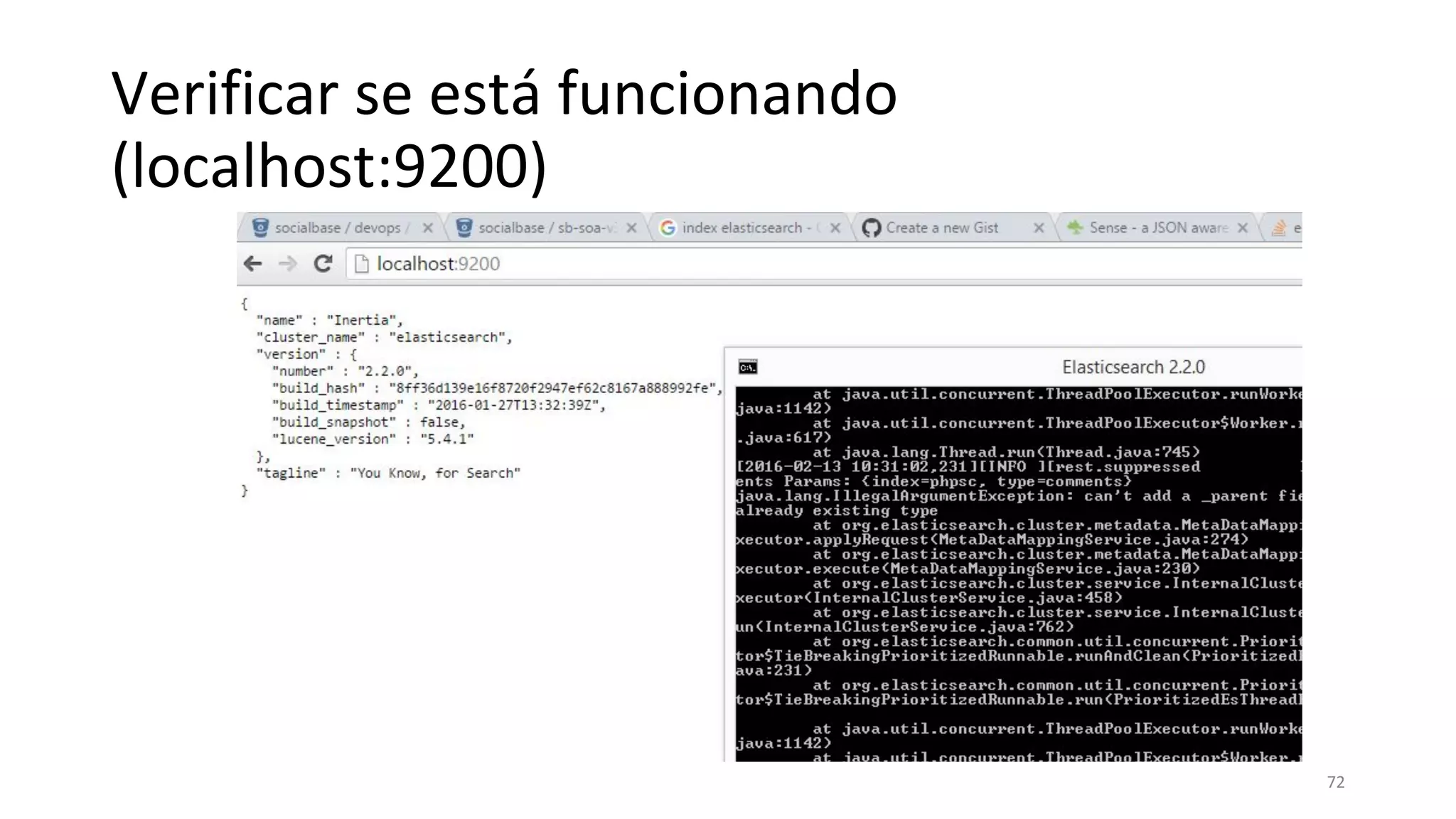 Verificar se está funcionando
(localhost:9200)
72
 
