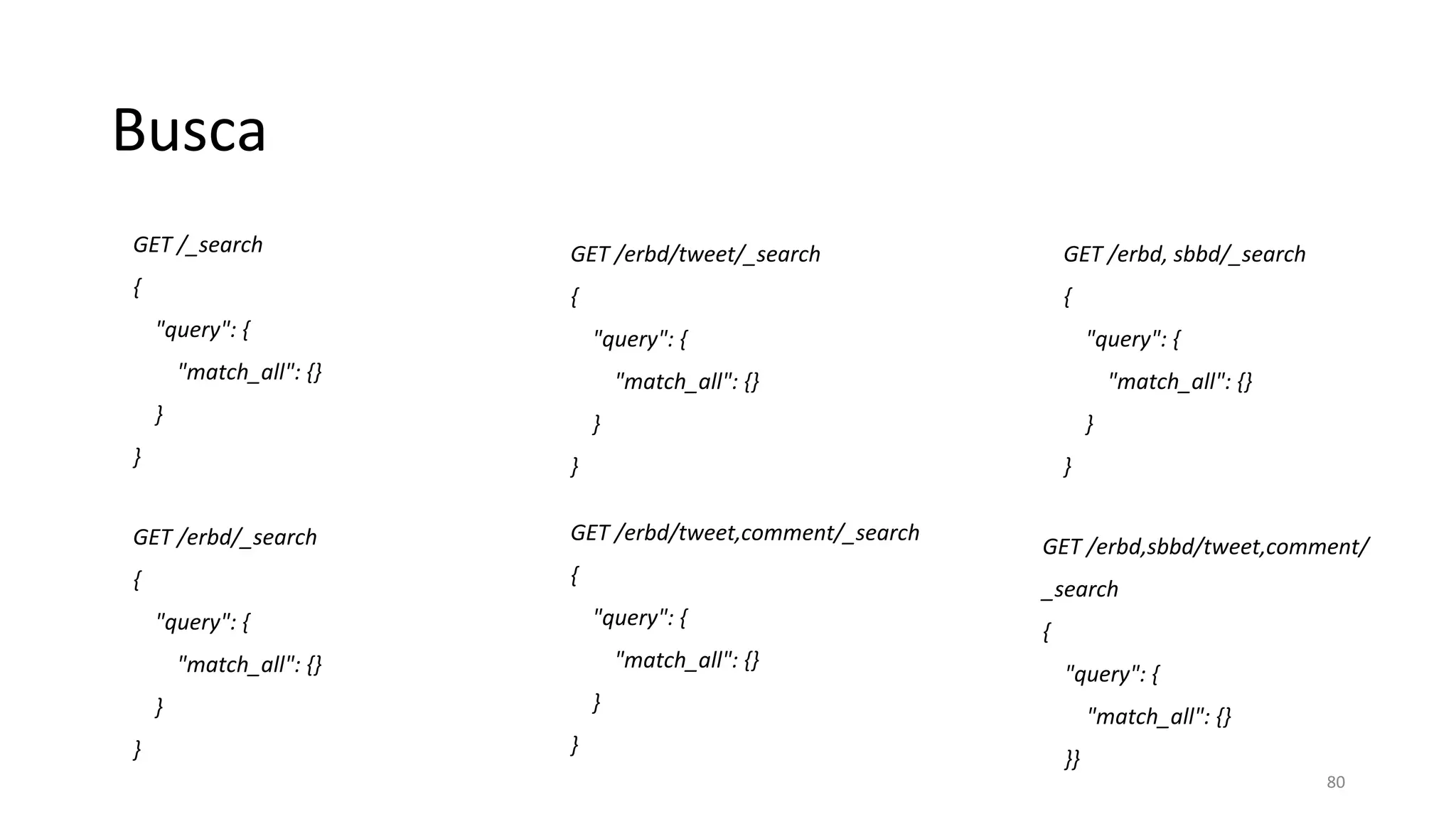 Busca
GET /_search
{
"query": {
"match_all": {}
}
}
GET /erbd/_search
{
"query": {
"match_all": {}
}
}
GET /erbd/tweet/_search
{
"query": {
"match_all": {}
}
}
GET /erbd/tweet,comment/_search
{
"query": {
"match_all": {}
}
}
GET /erbd, sbbd/_search
{
"query": {
"match_all": {}
}
}
GET /erbd,sbbd/tweet,comment/
_search
{
"query": {
"match_all": {}
}}
80
 