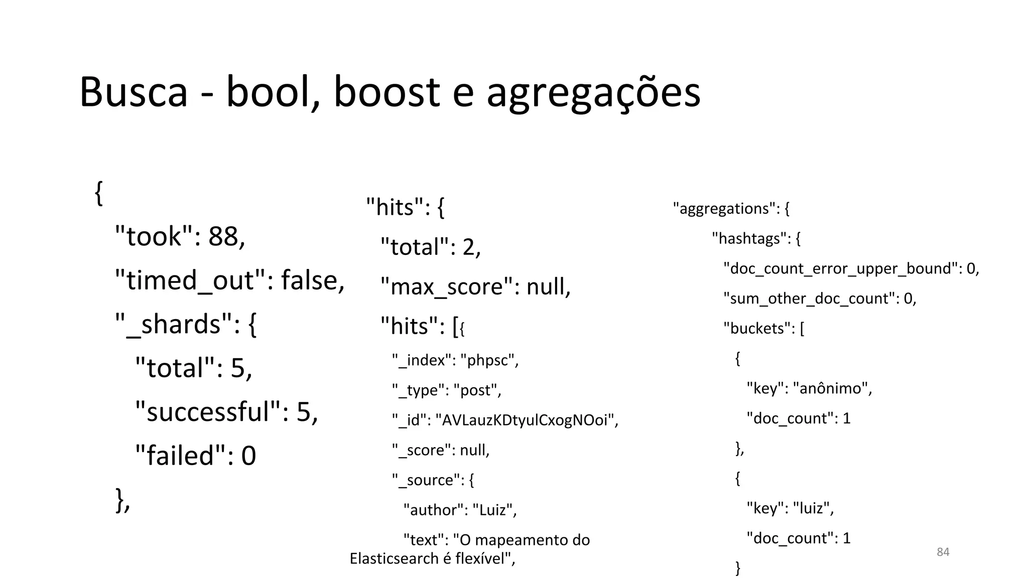 Busca - bool, boost e agregações
{
"took": 88,
"timed_out": false,
"_shards": {
"total": 5,
"successful": 5,
"failed": 0
},
"hits": {
"total": 2,
"max_score": null,
"hits": [{
"_index": "phpsc",
"_type": "post",
"_id": "AVLauzKDtyulCxogNOoi",
"_score": null,
"_source": {
"author": "Luiz",
"text": "O mapeamento do
Elasticsearch é flexível",
"aggregations": {
"hashtags": {
"doc_count_error_upper_bound": 0,
"sum_other_doc_count": 0,
"buckets": [
{
"key": "anônimo",
"doc_count": 1
},
{
"key": "luiz",
"doc_count": 1
}
84
 