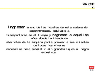 VALORES Ingresar  a uno de los locales de esta cadena de supermercados, equivale a transportarse en el tiempo y  regresar a aquellos  años donde la tienda de abarrotes de la esquina podía proveer a sus clientes de todos los víveres necesarios para subsistir sin grandes lujos ni pagos excesivos. 