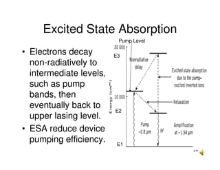 24
Excited State Absorption
• Electrons decay
non-radiatively to
intermediate levels,
such as pump
bands, then
eventually back to
upper lasing level.
• ESA reduce device
pumping efficiency.
Pump Level
E1
E2
E3
 