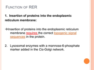 FUNCTION OF RER

1. Insertion of proteins into the endoplasmic
reticulum membrane:

Insertion of proteins into the endoplasmic reticulum
   membrane requires the correct topogenic signal
   sequences in the protein.

2. Lysosomal enzymes with a mannose-6-phosphate
   marker added in the Cis-Golgi network.
 