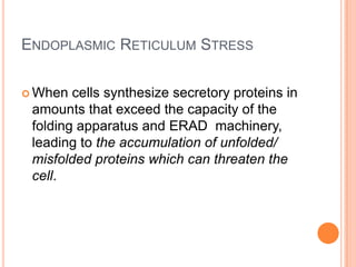 ENDOPLASMIC RETICULUM STRESS

 When  cells synthesize secretory proteins in
 amounts that exceed the capacity of the
 folding apparatus and ERAD machinery,
 leading to the accumulation of unfolded/
 misfolded proteins which can threaten the
 cell.
 