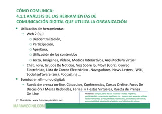CÓMO COMUNICA:
4.1.1 ANÁLISIS DE LAS HERRAMIENTAS DE
COMUNICACIÓN DIGITAL QUE UTILIZA LA ORGANIZACIÓN
   Utilización de he...