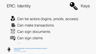 Fabian Vogelsteller, web3.js and Mist Developer, Ethereum 
@feindura
http://frozeman.de/blog
ERC: Identity Keys
Can be actors (logins, proofs, access)
Can make transactions
Can sign documents
Can sign claims
…
 