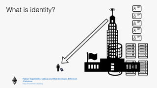 Fabian Vogelsteller, web3.js and Mist Developer, Ethereum 
@feindura
http://frozeman.de/blog
What is identity?
 