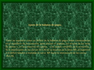 Ajuste de la balanza de pagos. Tanto un superávit como un déficit en la balanza de pagos traen consecuencias en el equilibrio de la economía, pues afectan el ingreso, los niveles de las tasas de interés y, en una reacción en cadena,  a las demás variables de la economía .  Sí la intersección de las curvas IS-LM no se localiza en la linea BP ,  el superávit o el déficit tienden a trasladar la curva  BP hacia la intersección de las curvas IS-LM .  