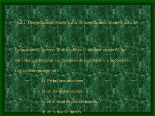 6.2.2  Desplazamientos de la curva IS, considerando el sector externo   La posición de la curva IS se modifica al  cambiar alguna de las  variables que integran  las funciones de exportación  e importación. Los cambios pueden ser : a)  En las importaciones, b)  en las exportaciones, c)  en el nivel de precios interno, d)  en la tasa de interés. e)  en el tipo de cambio  f)  en el ingreso real.   