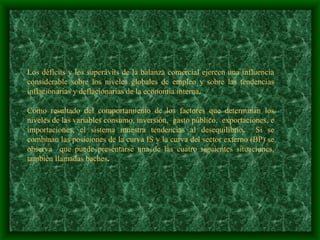 Los déficits y los superávits de la balanza comercial ejercen una influencia considerable sobre los niveles globales de empleo y sobre las tendencias inflacionarias y deflacionarias de la economía interna .    Como resultado del comportamiento de los factores que determinan los niveles de las variables consumo, inversión,  gasto público,  exportaciones, e importaciones, el sistema muestra tendencias al desequilibrio .  Si se combinan las posiciones de la curva IS y la curva del sector externo (BP) se observa  que puede presentarse una de las cuatro siguientes situaciones, también llamadas baches . 